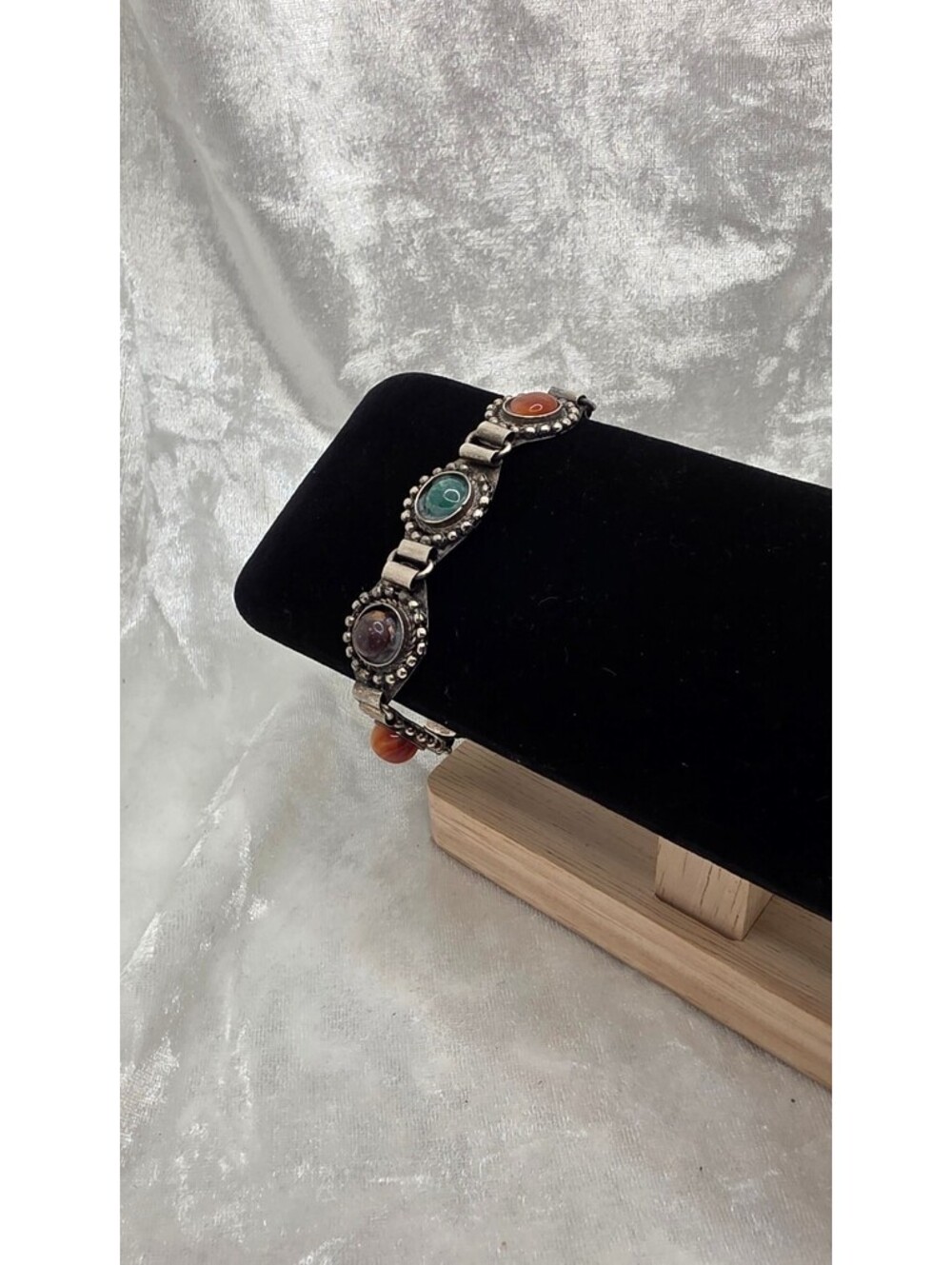 Vintage Multicolor Gemstone Bracelet 7–8.5” Silver Tone Boho Link Bracelet